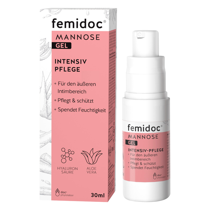 Femidoc Mannose Gel in einer weißen Spenderflasche mit pinkem Etikett, umgeben von einer passenden Verpackung.