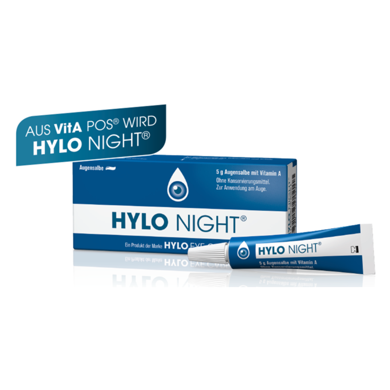 Tube und Verpackung von HYLO NIGHT Augensalbe, enthält Vitamin A, ohne Konservierungsmittel.