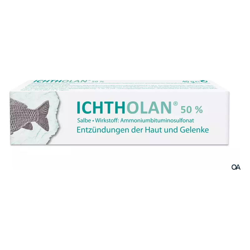 Verpackung der Ichtholan Salbe (50%) mit Informationen zu Inhaltsstoffen und Anwendung gegen Hautentzündungen.