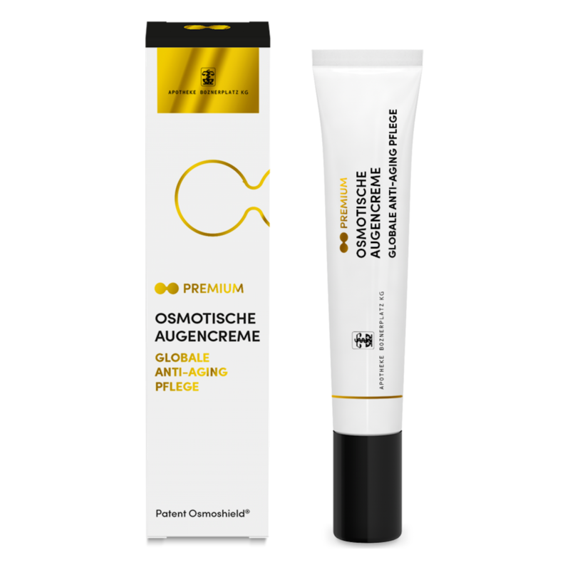 Osmotische Augencreme in einer weißen Tube mit schwarzem Deckel, verpackt in einem eleganten weißen Karton mit goldenen Akzenten.