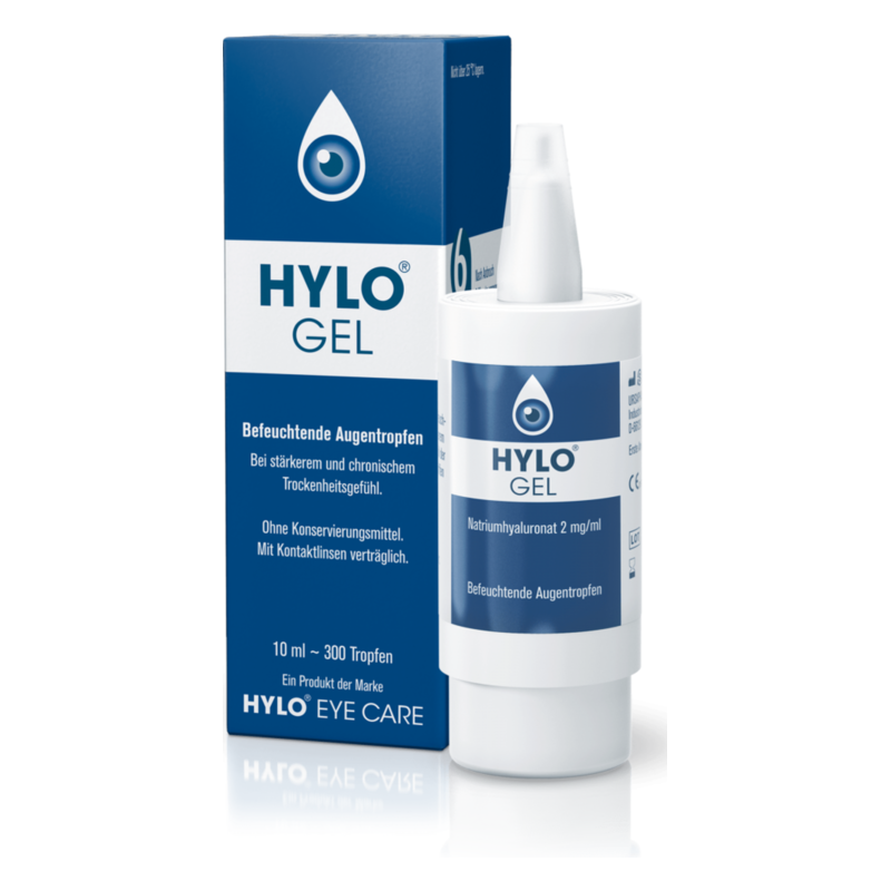 Flasche mit befeuchtenden Augentropfen in einer Verpackung, hervorgehoben die Marke HYLO und deren Eigenschaften.