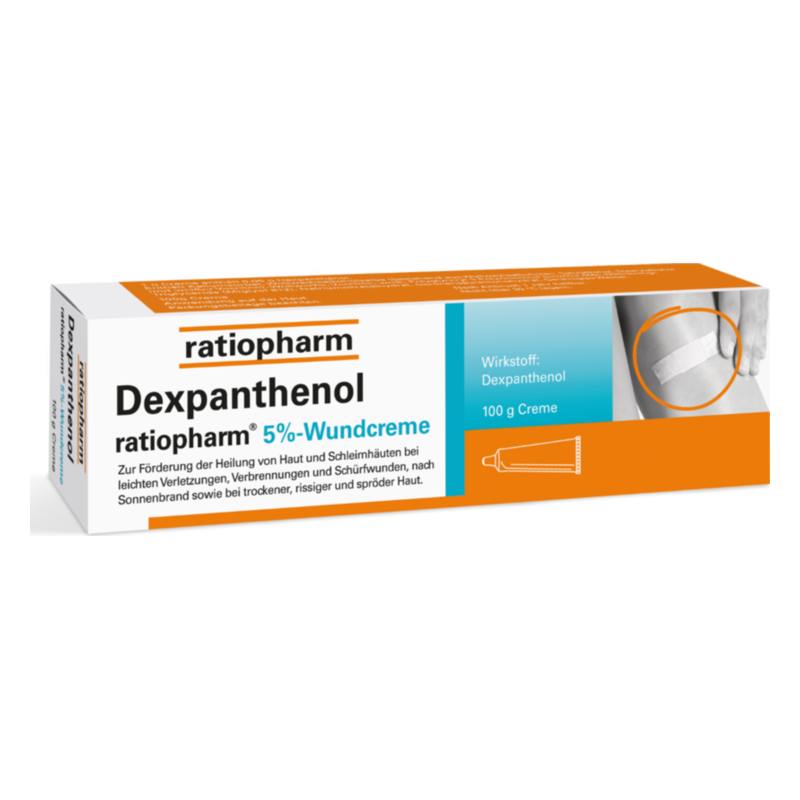 Verpackung der Dexpanthenol 5%-Wundcreme von ratiopharm in einer weißen Box mit blauen und orangefarbenen Akzenten.
