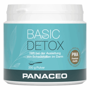 Dose mit blauem Etikett, beschriftet mit "BASIC DETOX", enthält 200 g Pulver zur Entgiftung.