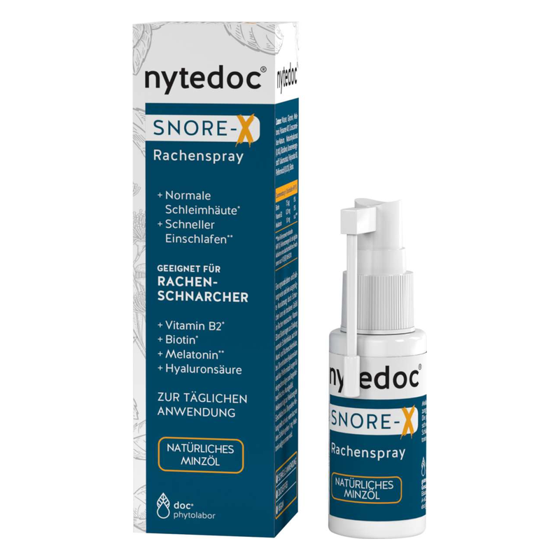 Rachenspray in einer Verpackung, speziell zur Unterstützung gegen Schnarchen, mit wichtigen Inhaltsstoffen.