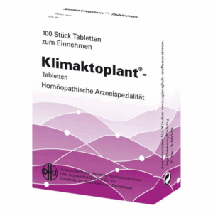 Packung mit 100 homöopathischen Tabletten namens Klimaktoplant, mit lila und weißen Wellenmustern.