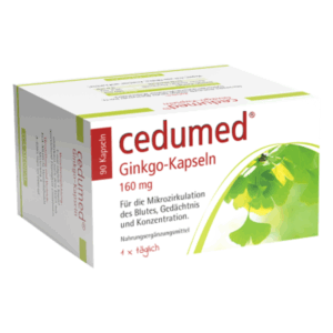 Packung mit Ginkgo-Kapseln von cedumed, enthält 90 Kapseln, zur Förderung der Mikrozirkulation und Konzentration.