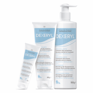 Drei Tuben der Dexeryl-Creme für trockene und atopische Haut in verschiedenen Größen mit blauer Beschriftung.