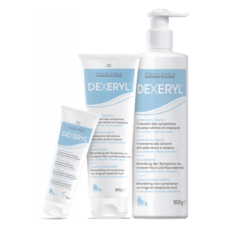Drei Tuben der Dexeryl-Creme für trockene und atopische Haut in verschiedenen Größen mit blauer Beschriftung.
