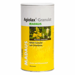Rundes, weißes Dosen mit gelber Beschriftung. Enthält pflanzliches Abführgranulat zum einnehmen.