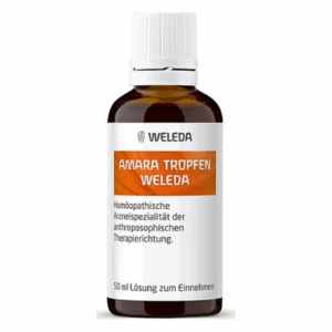 Braune Glasflasche mit weißem Verschluss und orangefarbigem Etikett, enthält homöopathische Tropfen von Weleda.