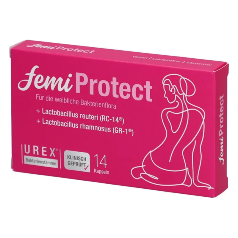 Packung mit femiProtect, einem Produkt zur Unterstützung der weiblichen Bakterienflora, in leuchtend pinker Farbe.