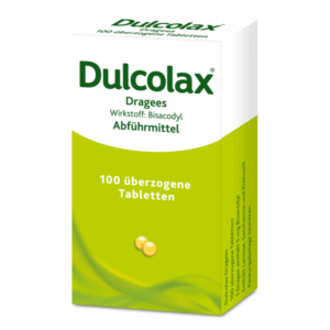 Verpackung von Dulcolax Dragees, Abführmittel mit Bisacodyl, in grüner und weißer Kartonage.