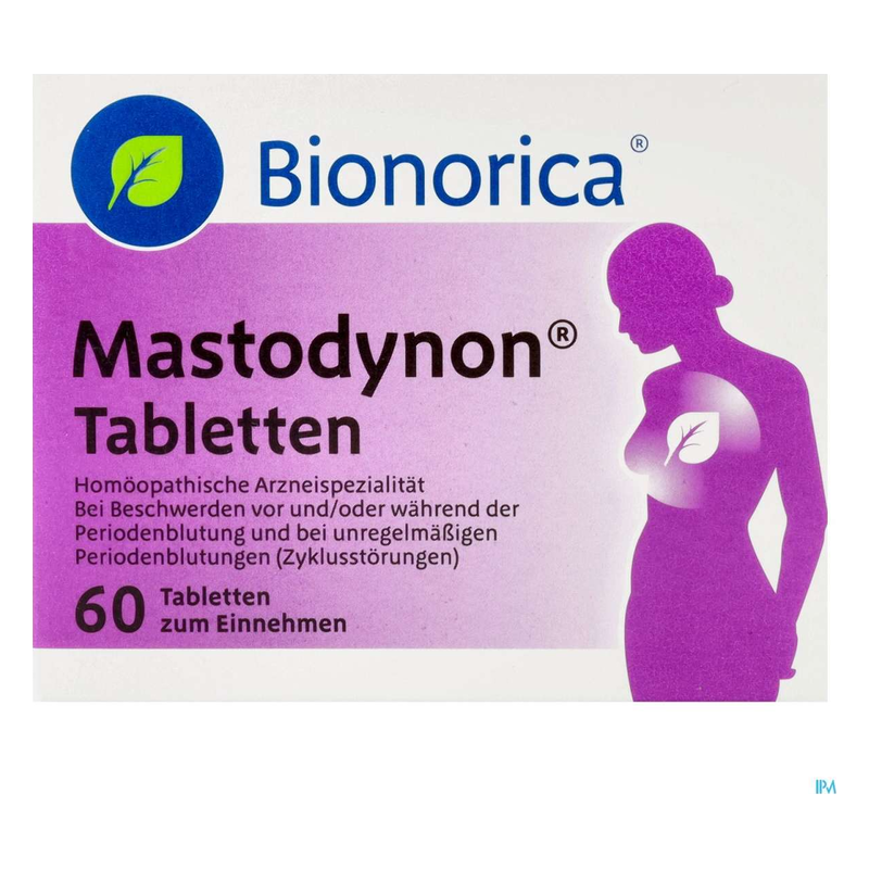 Packung mit Mastodynon Tabletten zur Linderung von Beschwerden bei Menstruationsproblemen, homöopathisch.