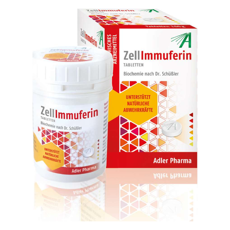 ZellImmuferin Tabletten in einem weißen Behälter, daneben die Verpackung mit buntem Design und dem Hinweis auf Abwehrkräfte.