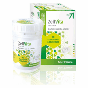 Packung und Dose ZellVita Tabletten, Hinweis bei Kraftlosigkeit und Erschöpfung, von Adler Pharma.