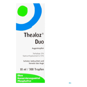 Verpackung von Thealoz Duo Augentropfen mit Informationen zu Inhaltsstoffen und Anwendung.
