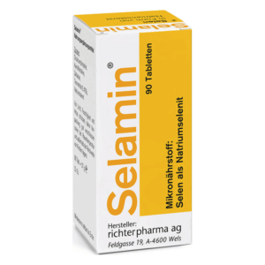 Packung mit 90 Selamin-Tabletten, enthält Selen als Natriumselenit, Hersteller: richtigerpharma ag.