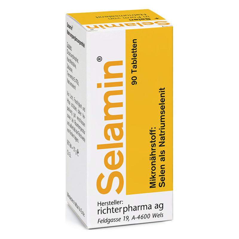 Packung mit 90 Selamin-Tabletten, enthält Selen als Natriumselenit, Hersteller: richtigerpharma ag.