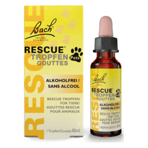 Flasche mit Rescue Tropfen für Tiere, alkohol- und farbstofffrei, in gelber Verpackung mit Pfotenabdruck.