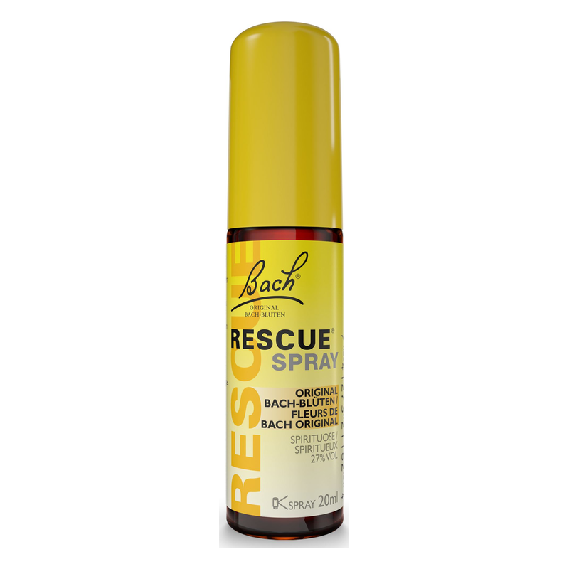 Gelbes Sprayfläschchen mit dem Aufdruck "Rescue Spray" von Bach, 20ml, im Fokus steht das Logo und die Produktbezeichnung.