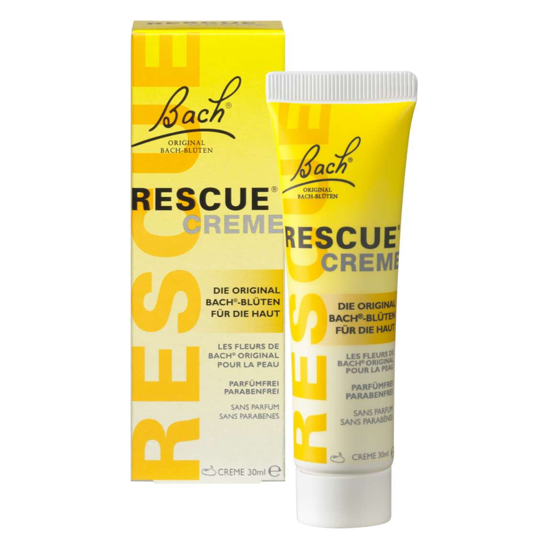 Gelbe Verpackung mit einer Tube Rescue Creme von Bach, ohne Duft- und Konservierungsstoffe, für die Haut.