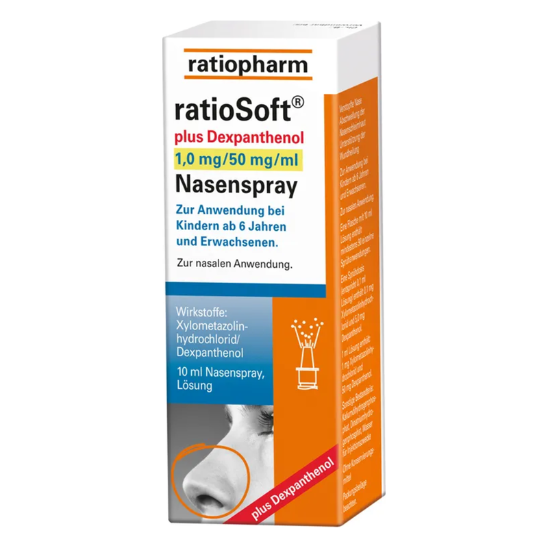 Verpackung eines Nasensprays von ratio pharm mit Dexpanthenol, für Kinder ab 6 Jahren und Erwachsene, zur nasalen Anwendung.