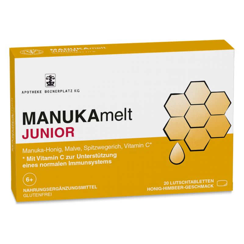 Packung mit MANUKAmelt Junior Lutschtabletten, enthalten Manuka-Honig, Malve und Vitamin C, honig-himbeer Geschmack.