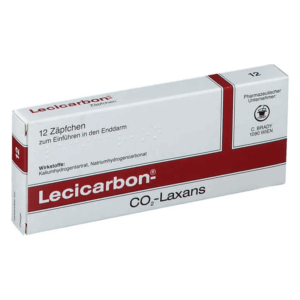 Verpackung von Lecicarbon-Zäpfchen zur Anwendung im Enddarm, enthält Kaliumhydrogentartrat und Natriumhydrogencarbonat.