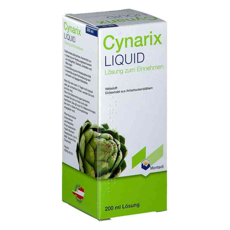 Verpackung von Cynarix Liquid, einer Lösung mit Artischockenblattextrakt, in einem 200 ml Karton.