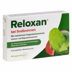 Packung Reloxan bei Sodbrennen mit Feigenkaktusextrakt, Calcium und Magnesiumcarbonat, 16 Kautabletten.