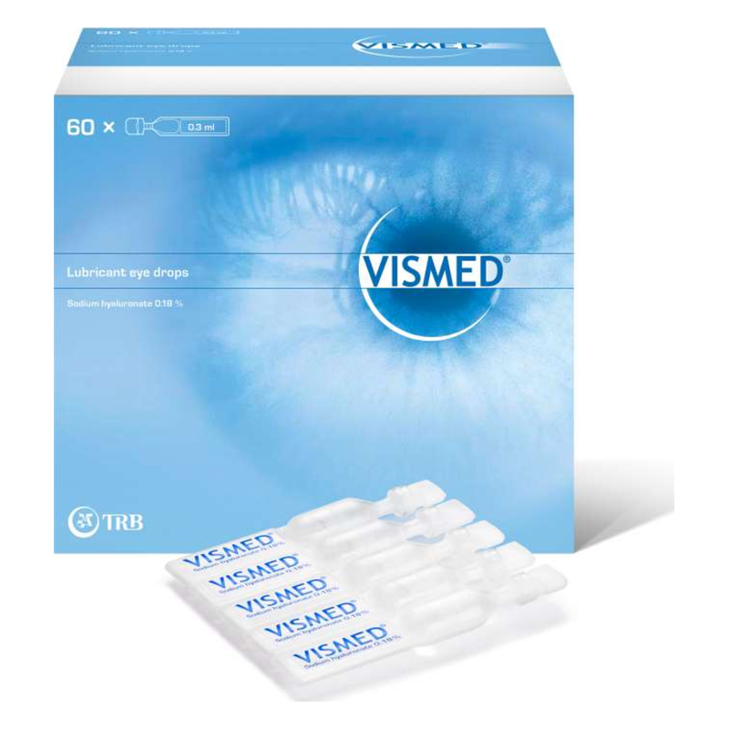 Viskose Augentropfen in einer Verpackung mit 60 Einzeldosen, blaues Design und abgebildetes Auge im Hintergrund.