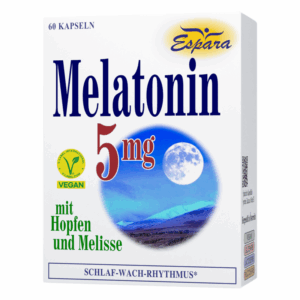 Packung mit 60 veganen Melatonin-Kapseln zu 5 mg, ergänzt mit Hopfen und Melisse, zur Unterstützung des Schlaf-Wach-Rhythmus.