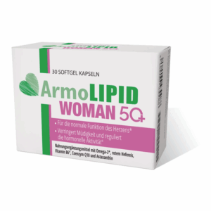 Verpackung mit Softgel-Kapseln ArmoLIPID WOMAN 5Q+, betont Herzfunktion und hormonelle Aktivität.