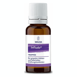 Braune Glasflasche mit weißen Schraubverschluss, Weleda Infludo Tropfen zur Unterstützung bei grippeähnlichen Infekten.