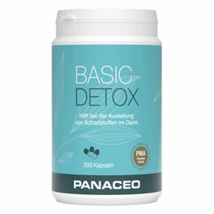 Container mit 'Basic Detox' Kapseln zur Unterstützung bei der Ausleitung von Schadstoffen im Darm.