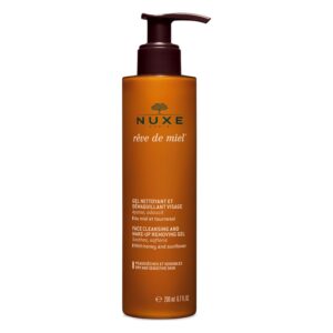 Transparente Flasche mit Pumpe, gefüllt mit Gesichtsreinigungs- und Make-up-Entferner-Gel von NUXE, 200 ml.