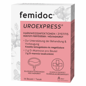 Verpackung von Femidoc UROEXPRESS, unterstützt bei Harnwegsinfektionen und Zystitis, enthält 14 Beutel.