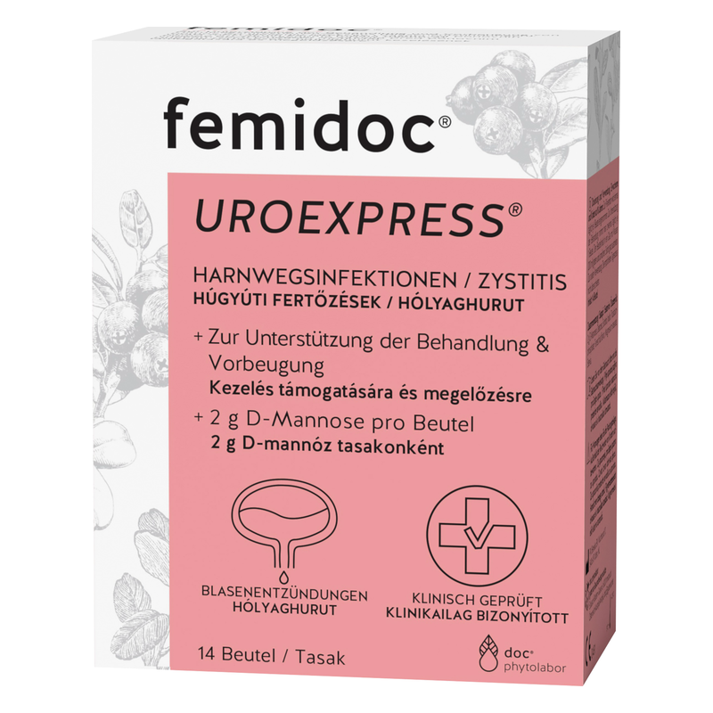 Verpackung von Femidoc UROEXPRESS, unterstützt bei Harnwegsinfektionen und Zystitis, enthält 14 Beutel.