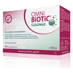 Verpackung von OMNi BiOTiC COLONIZE, einem Nahrungsergänzungsmittel mit pro- und präbiotischen Bakterien, in einem quadratischen Karton.