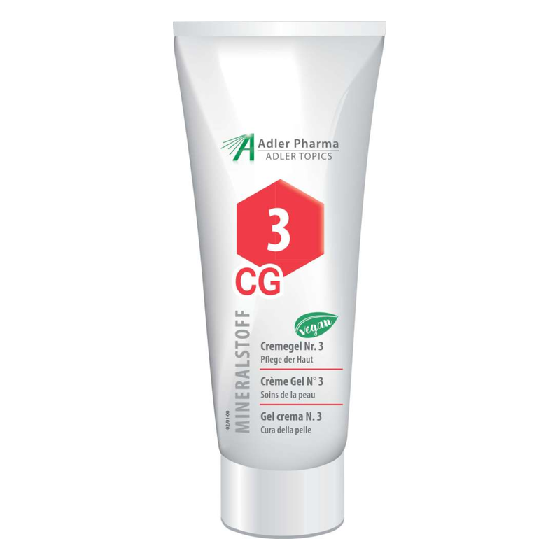 Tube mit Creme-Gel Nr. 3 von Adler Pharma, vegan, für Hautpflege mit mineralstoffhaltiger Formel.