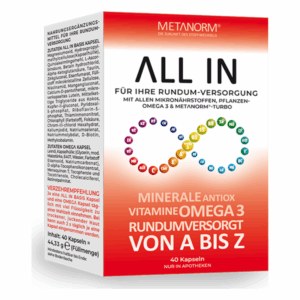 Verpackung von Metanorm 'ALL IN' Nahrungsergänzungsmittel mit 40 Kapseln für umfassende Vitamin- und Mineralstoffversorgung.