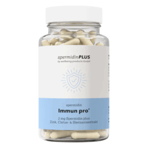 Transparente Kunststoffflasche mit Kapseln, Etikett zeigt den Produktnamen und Inhaltsstoffe zur Immununterstützung.