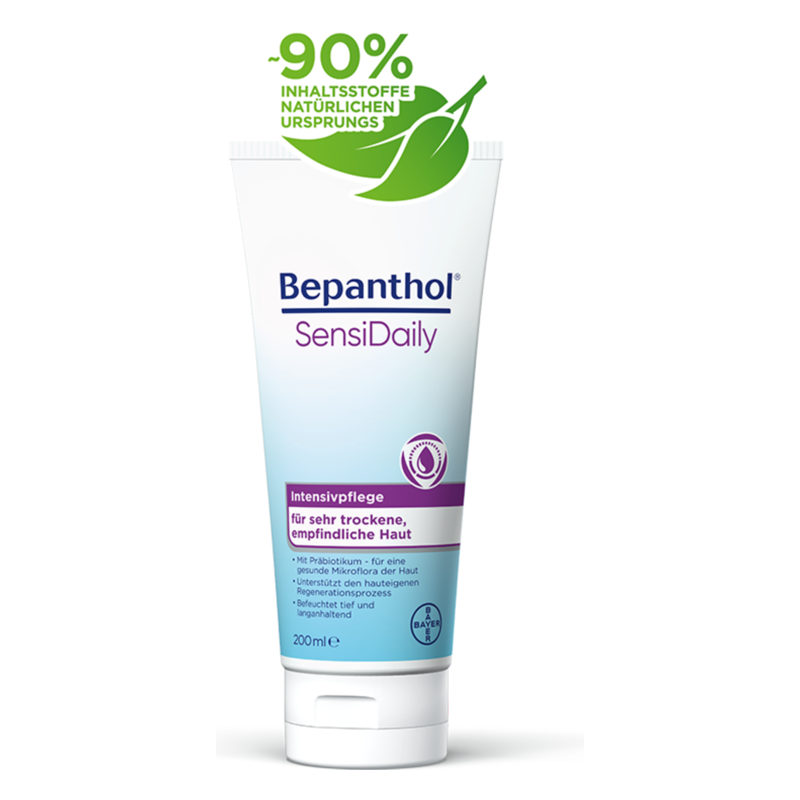 Bepanthol SensiDaily Tube mit 200ml, enthält natürliche Inhaltsstoffe zur Intensivpflege trockener Haut.