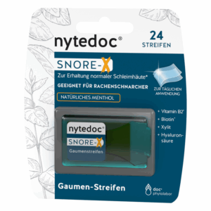 Verpackung von nytedoc SNORE-X Gaumenstreifen, die für Rachenschnarcher geeignet sind, mit natürlichen Inhaltsstoffen.