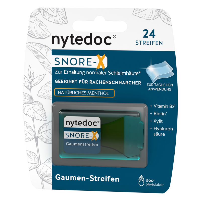 Verpackung von nytedoc SNORE-X Gaumenstreifen, die für Rachenschnarcher geeignet sind, mit natürlichen Inhaltsstoffen.