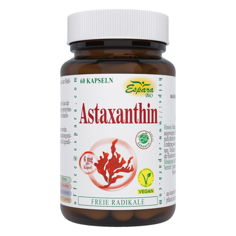 Braune Flasche mit Kapseln, Etikett mit dem Aufdruck "Astaxanthin", Bio- und Vegan-Symbole, 60 Kapseln enthalten.