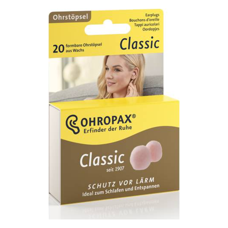 Eine gelbe Verpackung mit Ohrstöpseln aus Wachs, ideal für Schlaf und Entspannung, abgebildet mit einer lächelnden Frau.