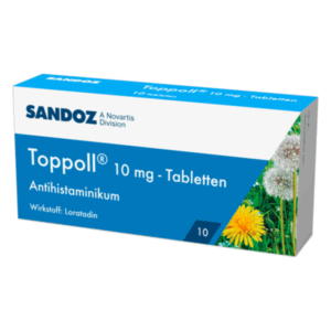 Packung Toppoll® 10 mg-Tabletten, Antihistaminikum mit Loratadin, umgeben von pflanzlichen Motiven.