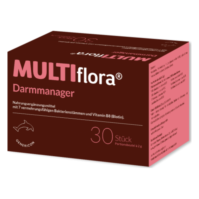 Verpackung von MULTIflora Darmmanager, einem Nahrungsergänzungsmittel mit Bakterienstämmen und Vitamin B8.