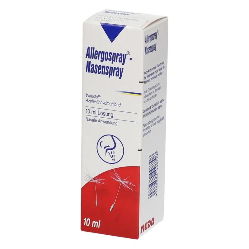 Verpackung eines Allergospray-Nasensprays mit 10 ml Lösung zur nasalen Anwendung und Abbildung von Pflanzensamen.